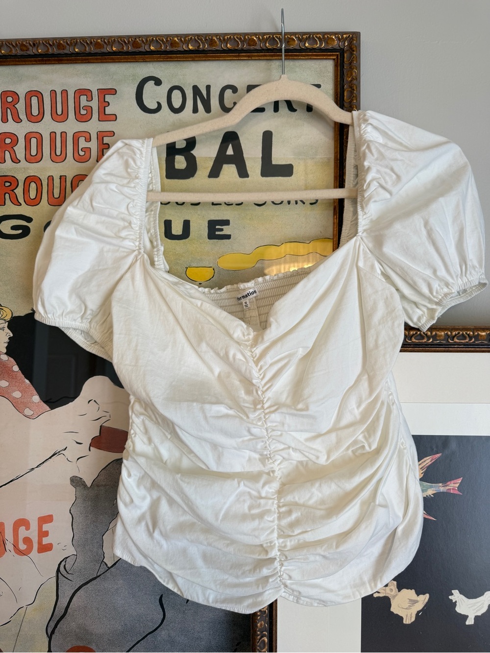 Reformation White Ruched Puff-Sleeve Top